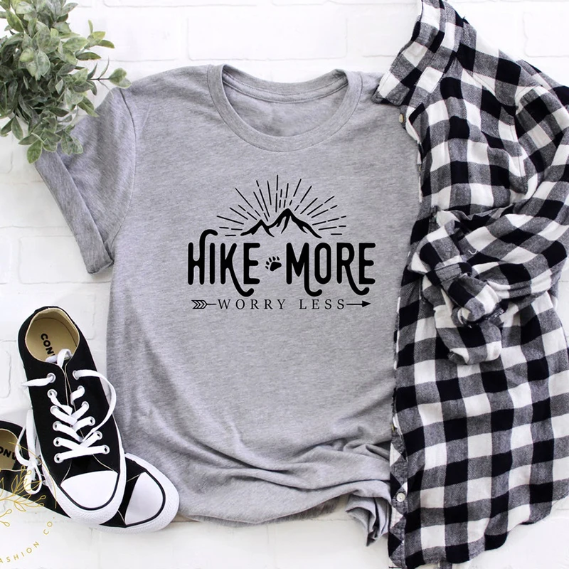 

Hike More Worry Less Religious T Shirts Womens Clothes Christian Mountains Power Hiking Graphic Tee Jesus Faith Top Dropshipping