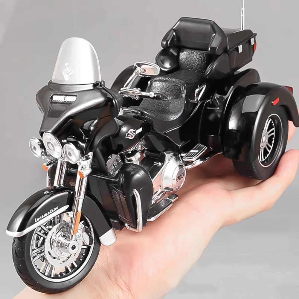 1/9 Scale Alloy Diecast Motor Tricycle Toys Cars Models with Light Sound Motorcycle Wheel Pull Back Vehicles for Kids Boys Gifts