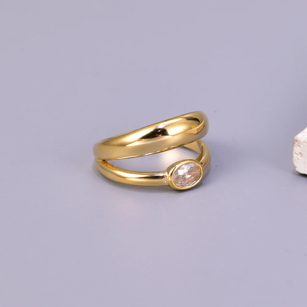 J138 Женское двухслойное эллиптическое кольцо из нержавеющей стали с цирконом, золотое ретро-французское J138 Женское двухслойное эллиптическое кольцо из нержавеющей стали с цирконом, золотое ретро-французское