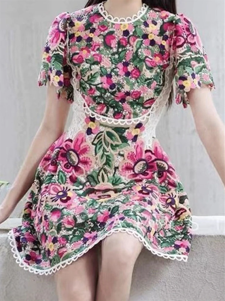 

Short Sleeve 2023 Summer Lace Embroidery Solid Elegant Mesh A-Line Sexy Vintage Party Woman Boho Dress Dresses Women Vestido