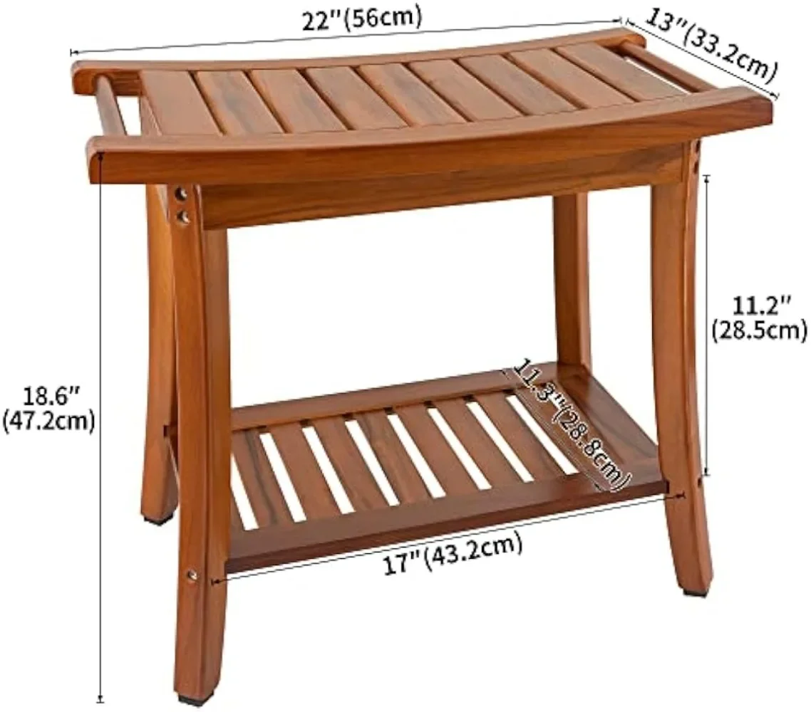 Teakhouten douchebank met handgrepen, draagbare houten spa-badkruk met opberghanddoekplank, 22" x 13" x 18,6", waterdicht