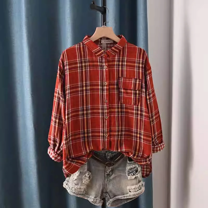 Cotton Yarn Women Plaid Blouses Chic Daily Outwear Loose Simple Long Sleeve Checkered Shirts Ladies Korean Sun-proof Shirt