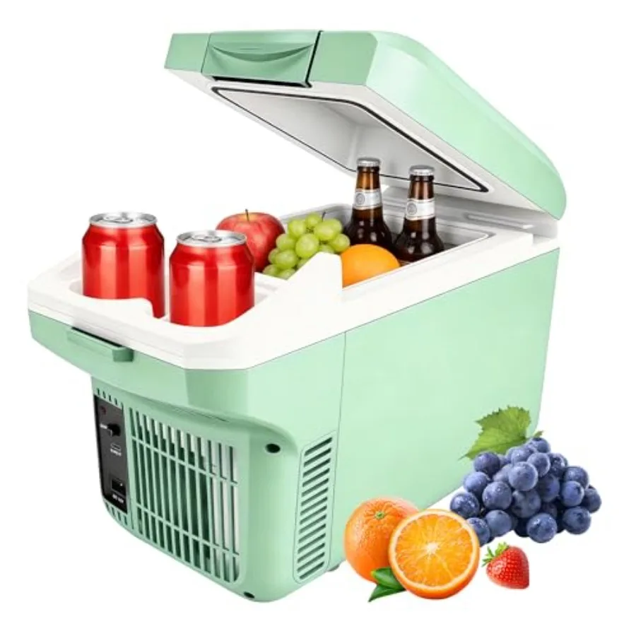 

Electric cooler for car, dorm, travel, picnic, gift: 8L/11-can mini fridge with belt, 9V Type-C thermoelectric dual-use, green