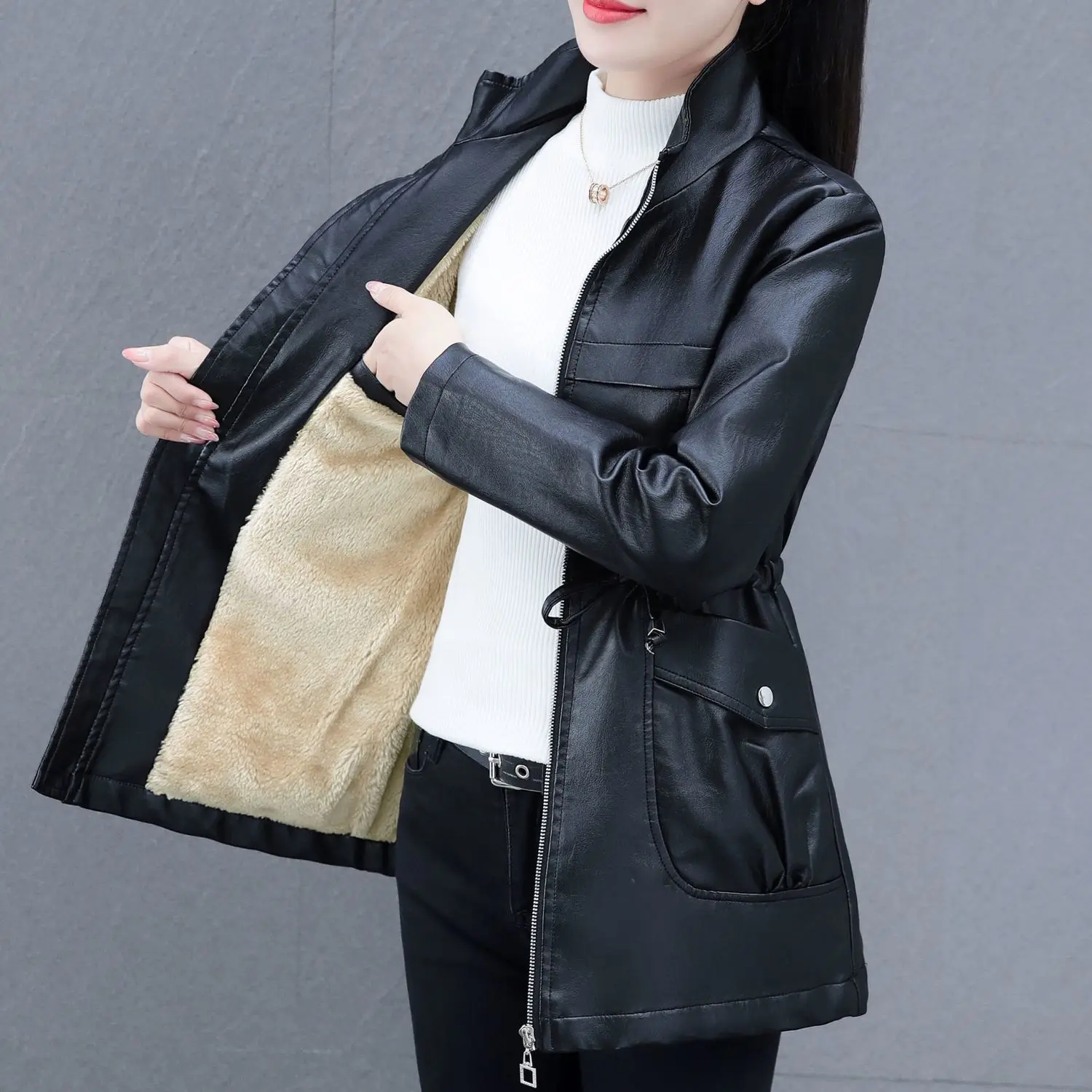 Autumn Women's Warm Medium Long Leather Jacket PU Baseball Uniform Commuting Style Loose Fitting Artificial Leather Coat