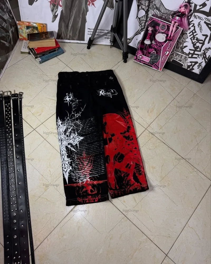 

Gothic Harajuku Anime Printed Wide-leg Pants Trendy Y2K Streetwear Casual Trousers Hip-hop Punk Retro Black Baggy Jeans Women