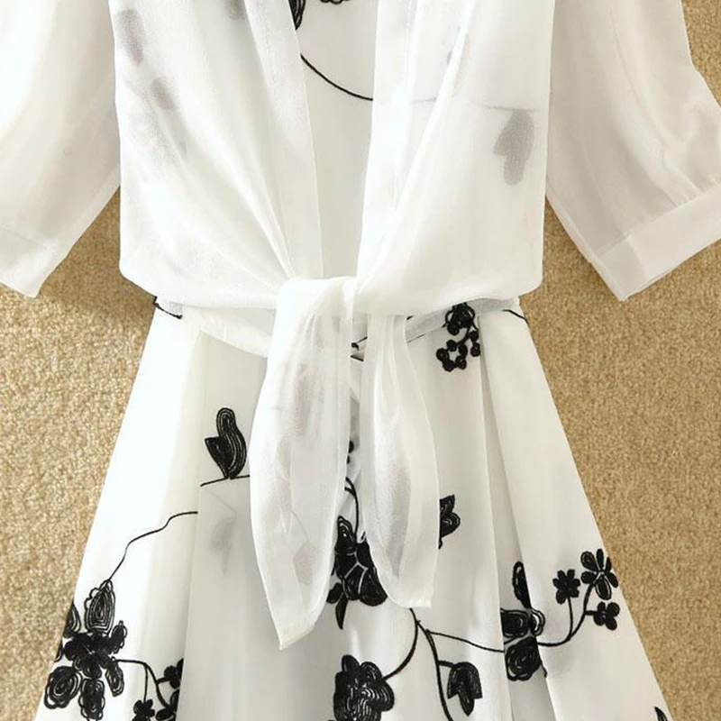 Summer Fashion Floral Printing Elegant Tank Dress White Lace Up Shirt Set Ladies Sleeveless Waist Vestidos Women\'s Casual Robe