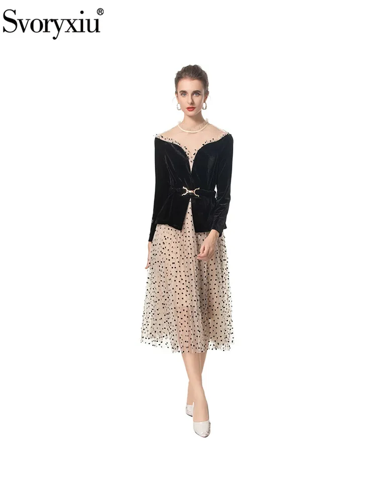 

Svoryxiu Fashion Runway Autumn Elegant Midi Skirt Suit Women's Flounces Collar Long Sleeve Top+Net Yarn Heart-shaped Print Skirt