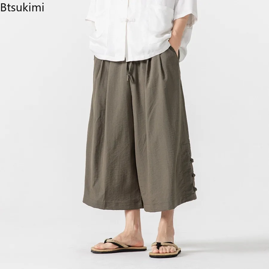 Verão masculino estilo chinês algodão linho calças casuais calças largas soltas respirável confortável harajuku roupas masculinas de grandes dimensões