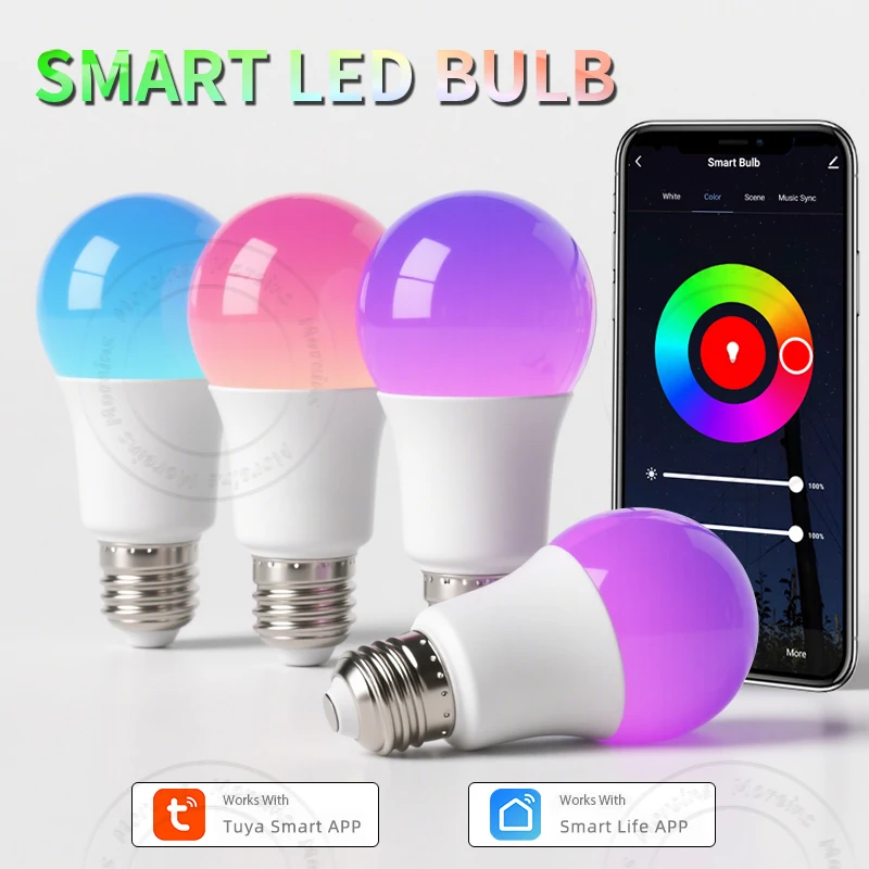 

Умная Wi-Fi лампа Tuya с регулируемой яркостью, цветная настраиваемая 2700–6500 К, 220–240 В, функция синхронизации музыки, таймер, дистанционное управление, настольные и настенные лампы 9 Вт