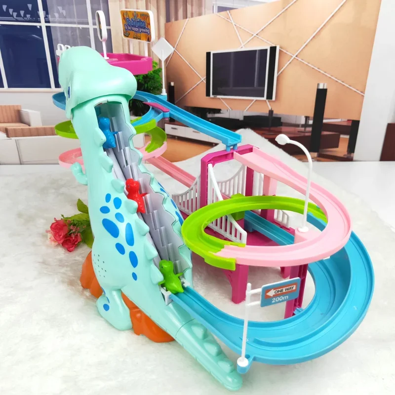 New Brand New Electric Slide Railcar Track toy 3-6 years old Dinosaur climb stairs music light play interactive educational toys