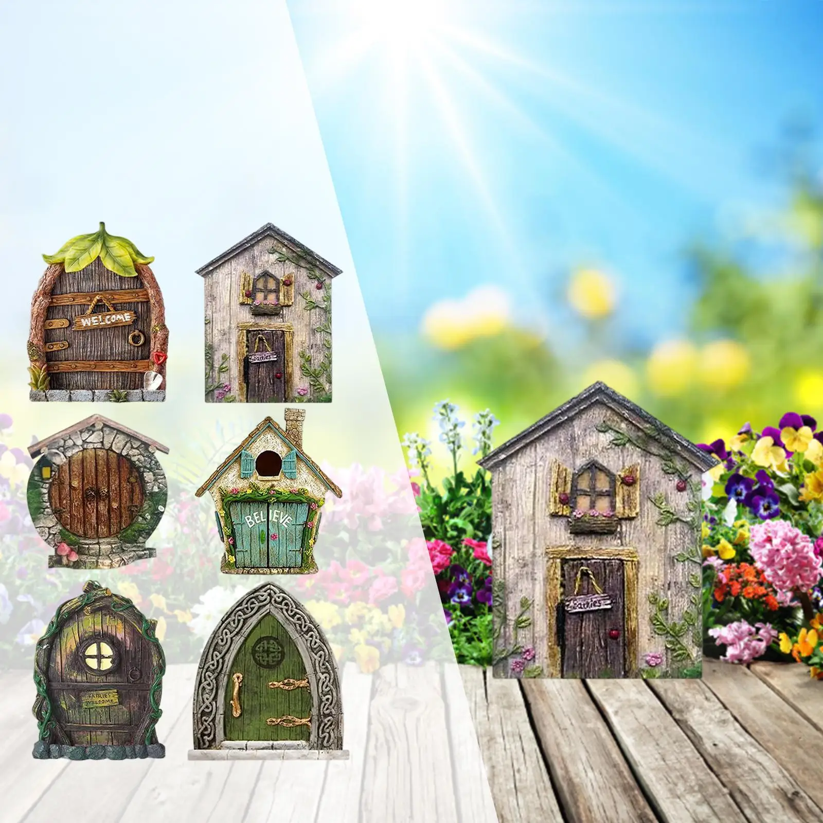 6 Pieces Miniature Fairy Tale Door DIY Accs Ornament Gifts Party Favors Wood Sculpture Figurines for Outdoor Yard Art