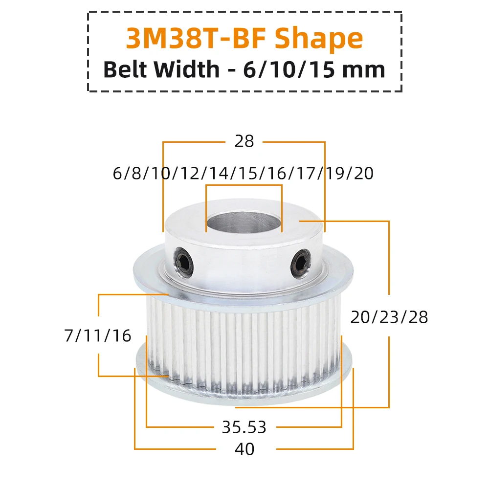 3M38T Electric Motor Pulley BF Shape Teeth Pitch 3.0 mm Circle-arc Tooth Alloy Wheels Belt Width 6/10/15mm Bore 5-20 mm