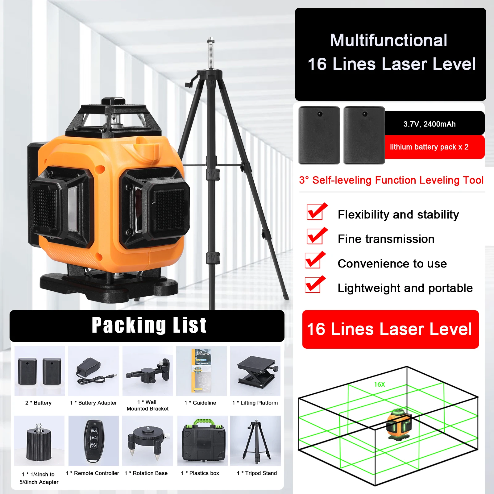 16 Lines Laser Level 3° Self-leveling Machine Rechargeable Omnidirectional Ground Wall Sticker Home Improvement Tools Set