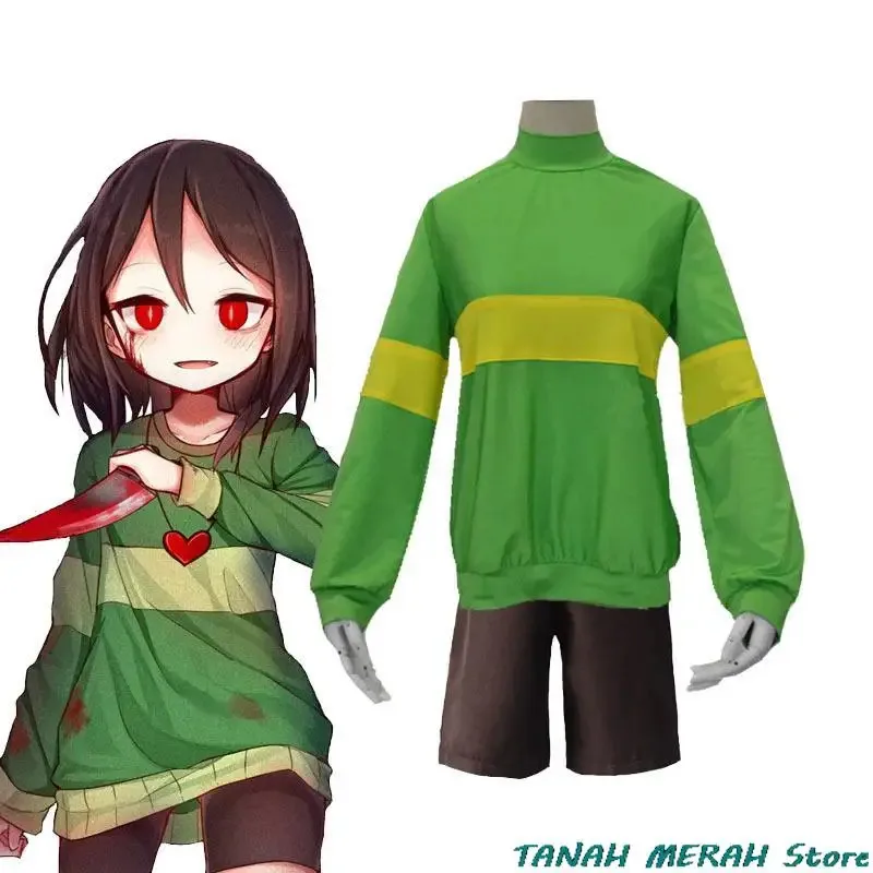 

CyGame Undertale Chara Frisk Косплей Костюм Аниме Высокий воротник Толстовки для взрослых Шорты Ожерелье Реквизит Хэллоуин Мужчины Женщины Ткань
