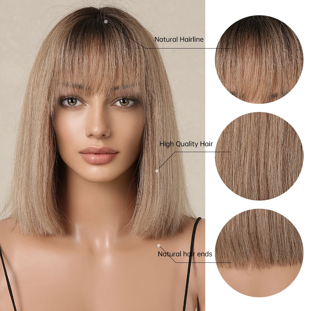 Bob Ombre Brown Blonde Straight Remy Human Hairs Wig for Women Natural Short Wigs with Bangs Heat Resistant Ash Brown Remy Hair