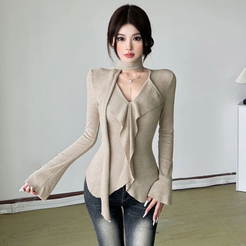 Women's Ribbed Knit Long-Sleeve Blouse Tie Neck V-Neck Ruffle Detail Slim-Fit Top