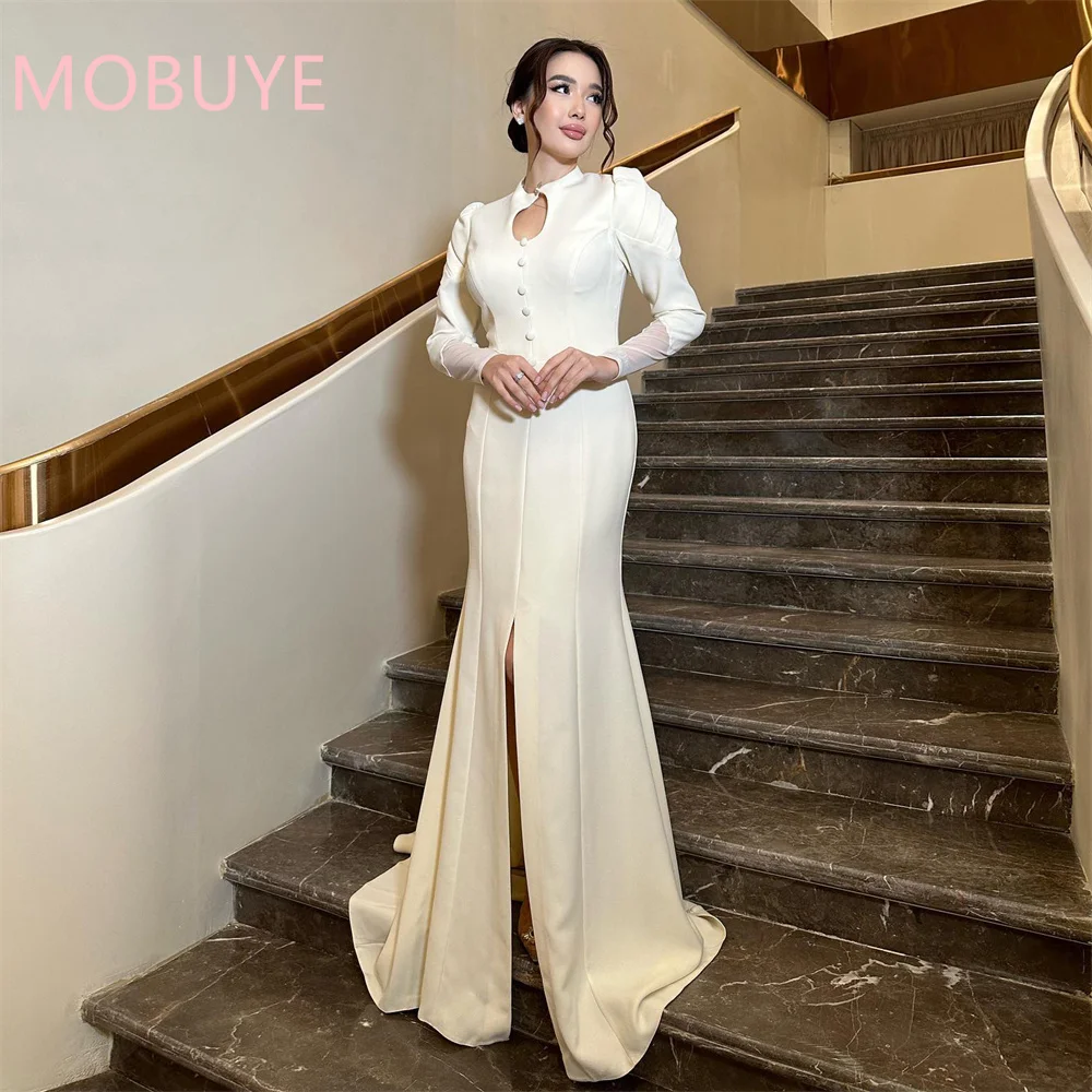 MOBUYE 2024 Popular O Neckline Prom Dress Split Floor-Length With Long SLeeves Evening Fashion Elegant Party Dress For Women