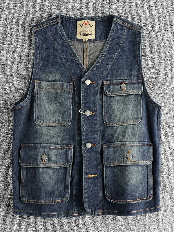 

Джинсовый жилет в стиле ретро, мужской топ с несколькими карманами, верхняя одежда, повседневная одежда с v-образным вырезом на одной пуговице, американский стиль для отдыха