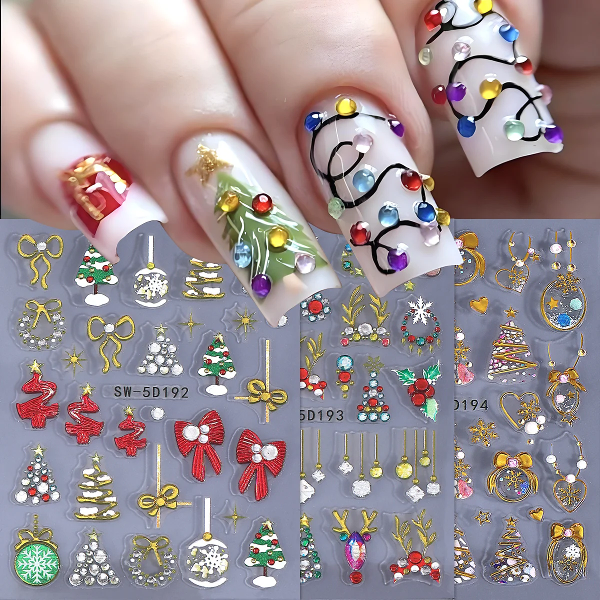 2/3 stücke Bunte Frohe Weihnachten 5D Nagel Geprägte Aufkleber Edelsteine Weihnachten Baum Bogen Elch Kristall Ball Kranz DIY abziehbilder Kreative Maniküre