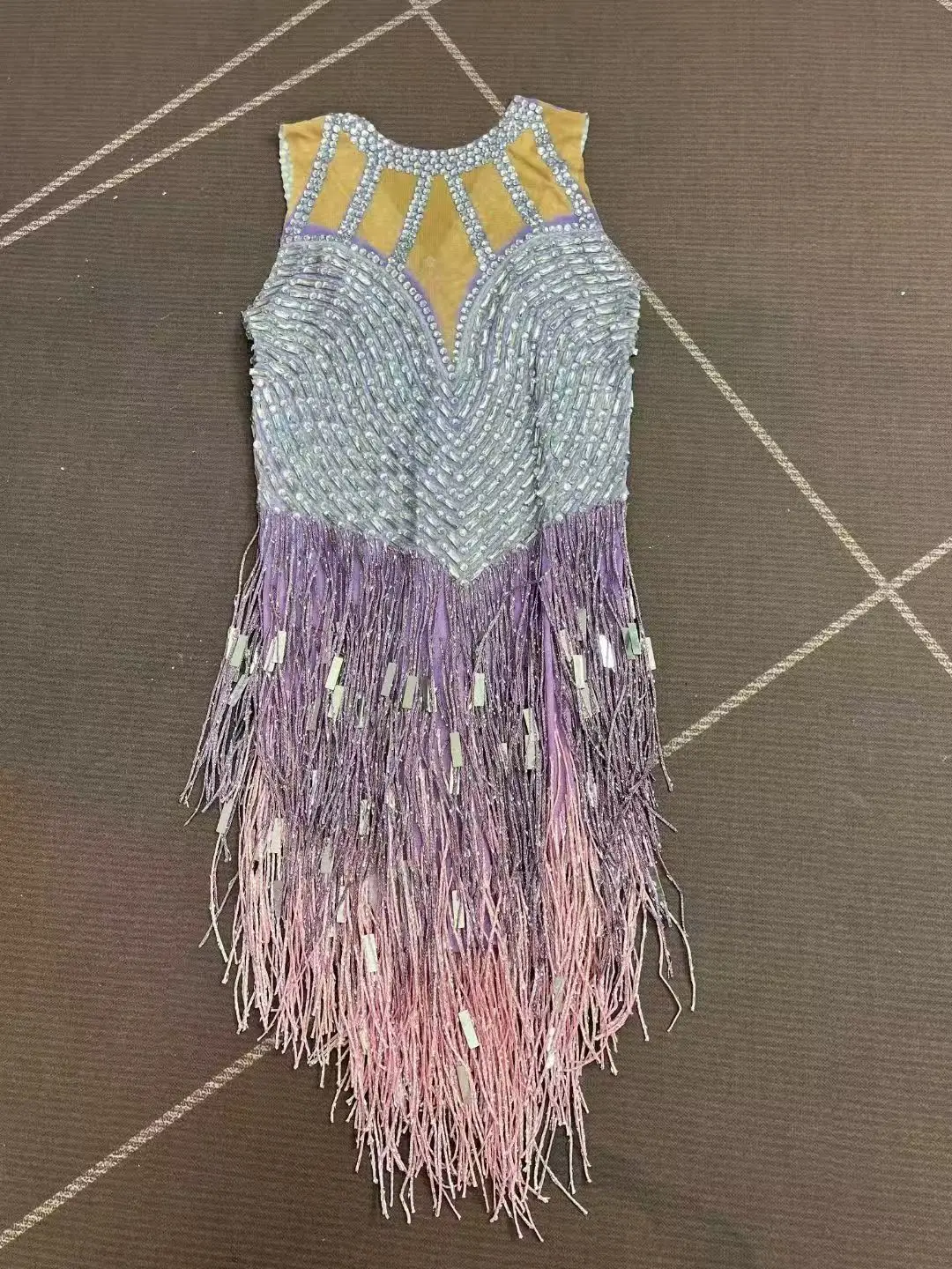 Sparkly Rhinestones Sequins Tassel Sleeveless Bodysuit for Women Sexy Performance Dance Costume Bar Stage Singer Dancer Leotard