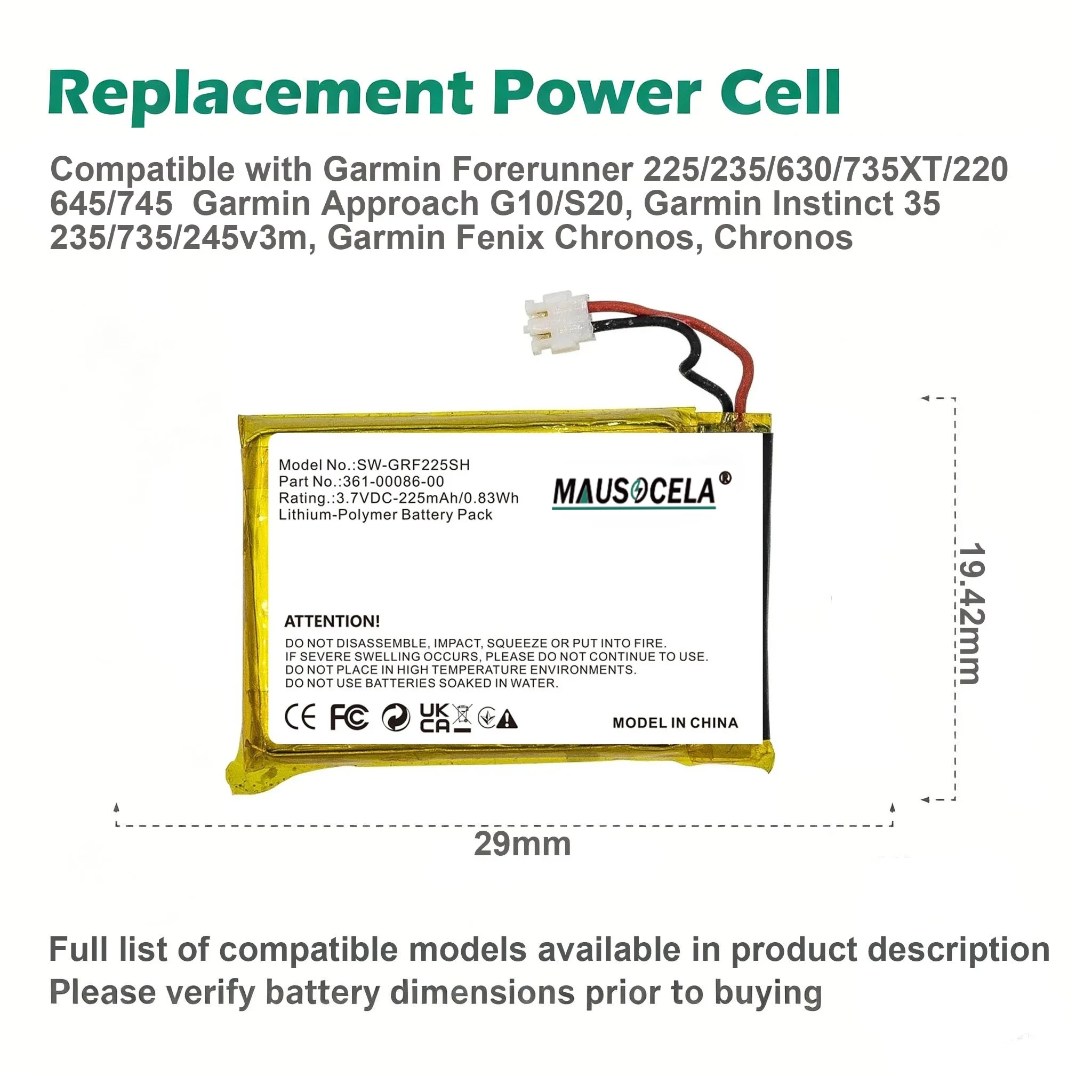 361-00072-00 361-00072-10 361-00086-00 361-00086-10 Battery For Forerunner 225 235 630 735XT 220 645 745 Sport Watch Band 225mAh
