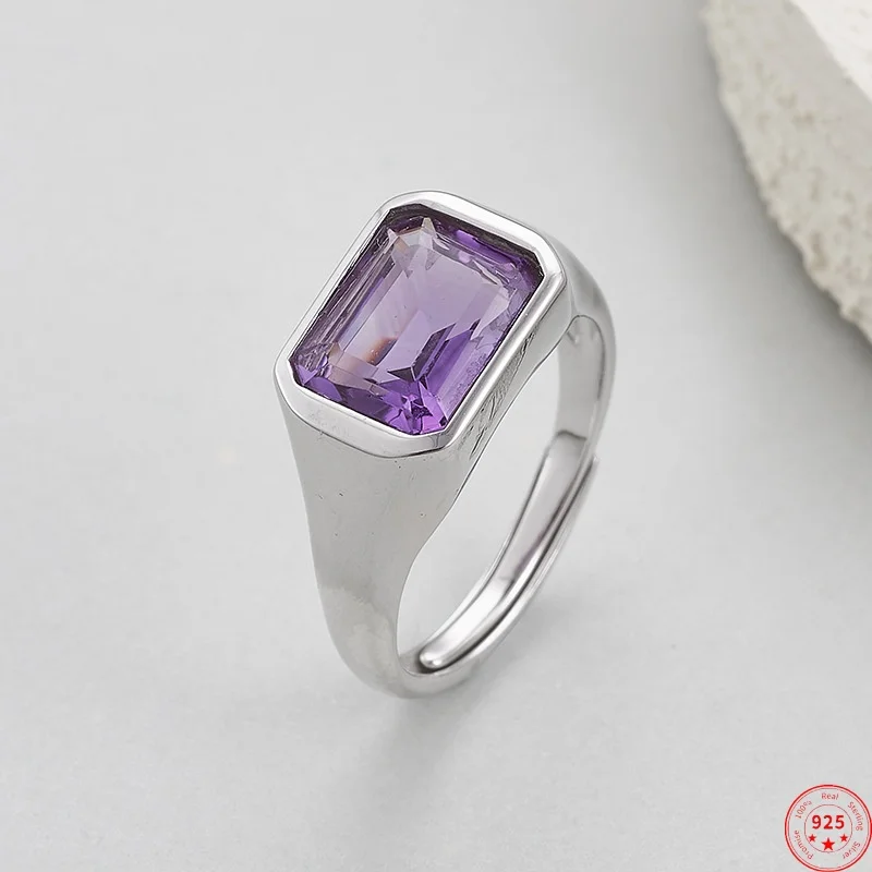 S925 Sterling Silver Charms Ring for Women Men Extremely Simple Style Square Amethyst Fashion Luxury Jewelry Wholesale