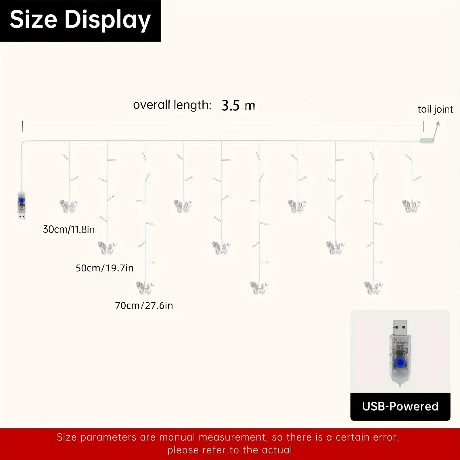 96 LED Butterfly Curtain String Lights 3.5m USB Powered with Remote Control 8 Modes for Home Bedroom Wedding Party Decoration