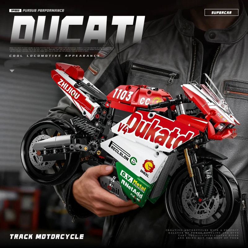 Disponibile 723 pezzi moto da corsa tecnica famosa moto V4 blocchi di costruzione mattoni modello giocattoli set di regali per bambini di Natale