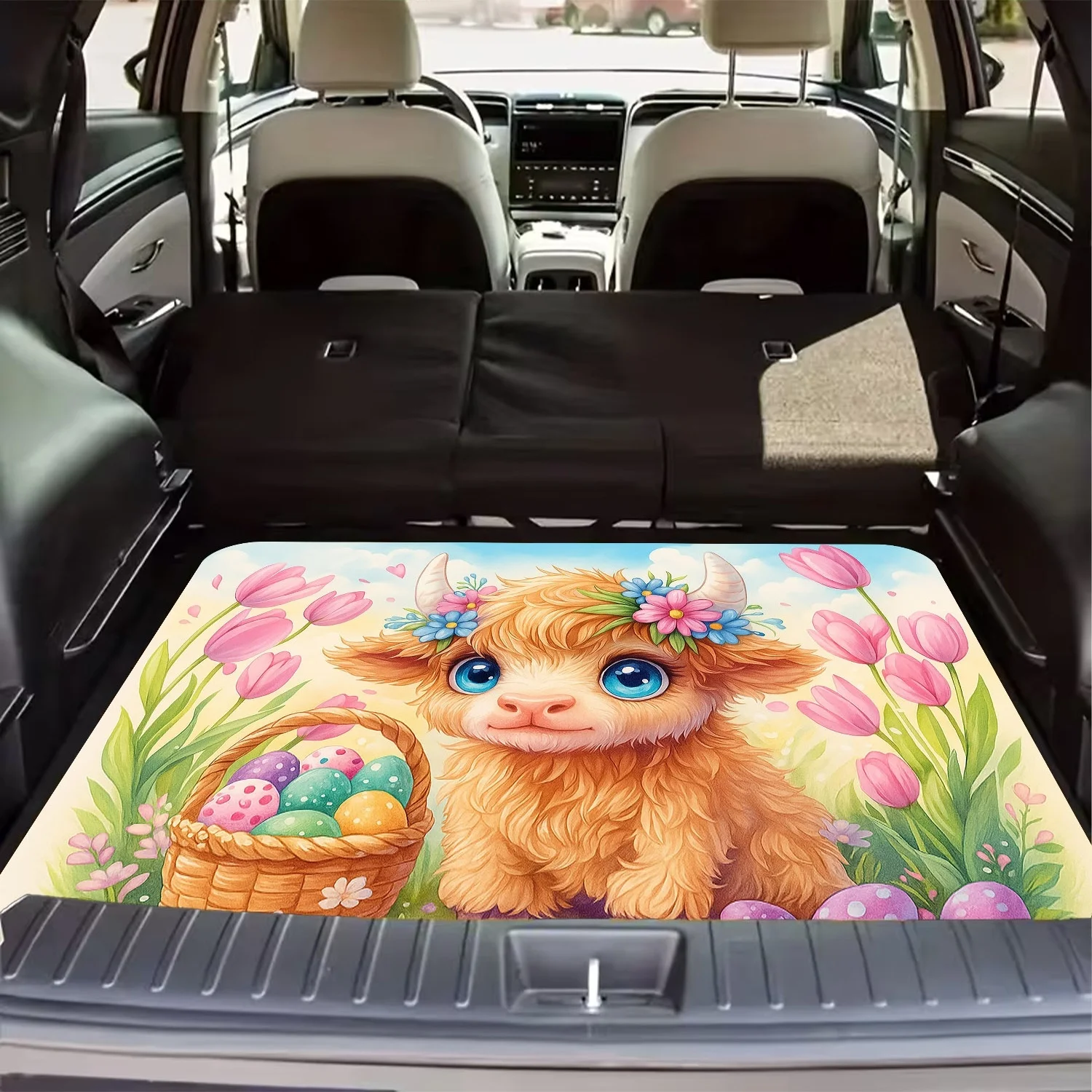 1pc, A Cute Easter Calf With Tulip Print Polyester Trunk Mat, An Essential Travel Item, Compatible With Various Car Models, Enha
