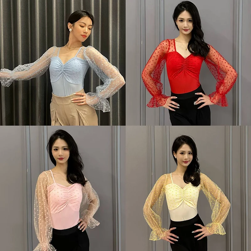 

2024 New Modern Dance Tops For Women Mesh Long Sleeved Practice Clothes Adult Chacha Rumba Tango Latin Performance Wear DN17996