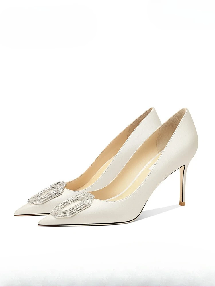 

Весенне-осенние новые женские туфли на тонком каблуке с острым носком, белые атласные модные свадебные модельные туфли на высоком каблуке с неглубоким носком
