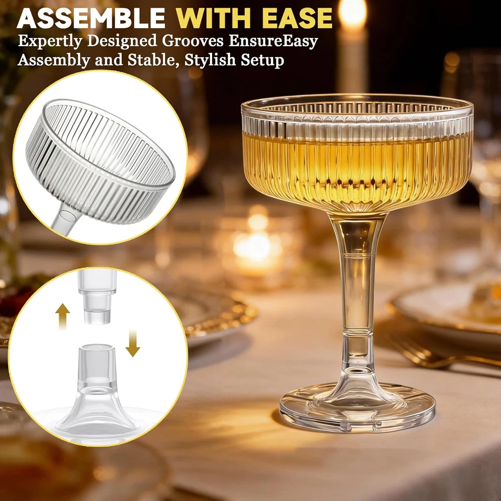 Plastic Champagne Tower, 7oz Champagne Coupe Unbreakable Plastic Cocktail Glasses Acrylic Martini Glasses for Wedding Birthday