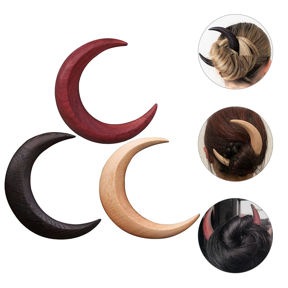 

3 Pcs Crescent Hairpin Stick Barrettes for Women Shape Moon Forks Clips Creative Chinese Sticks Vintage Wood Miss
