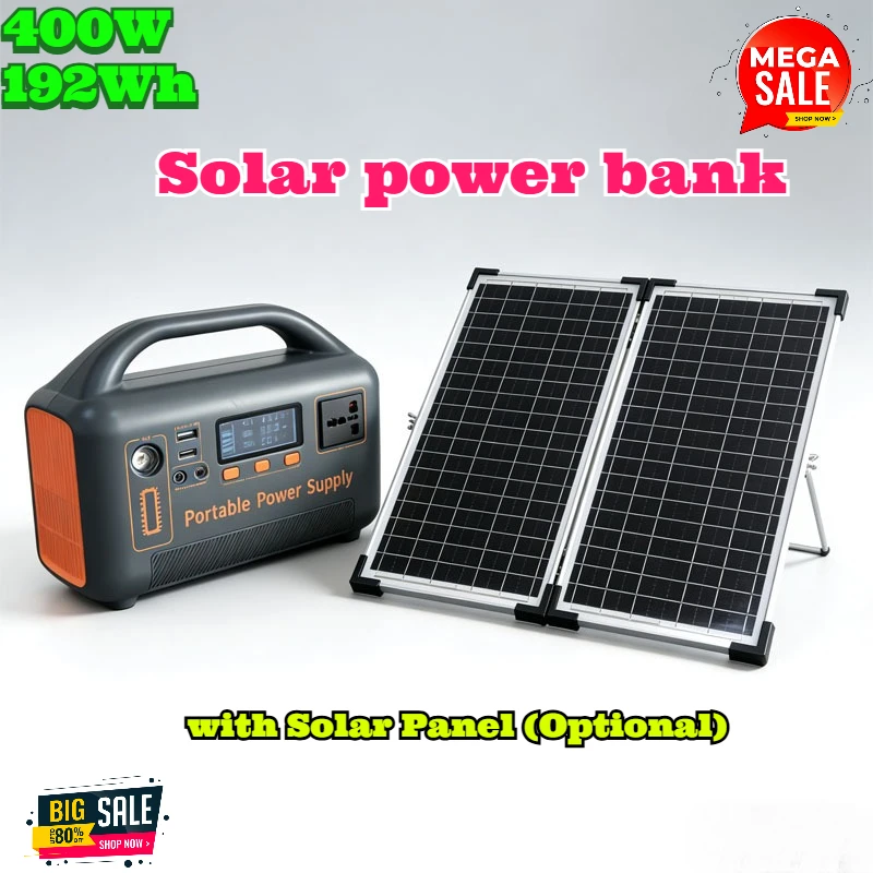 

Portable Power Station Solar Generator with Solar Panel (Optional), 400W 192Wh LiFePO4 Power Bank, with Camp Solar Charger