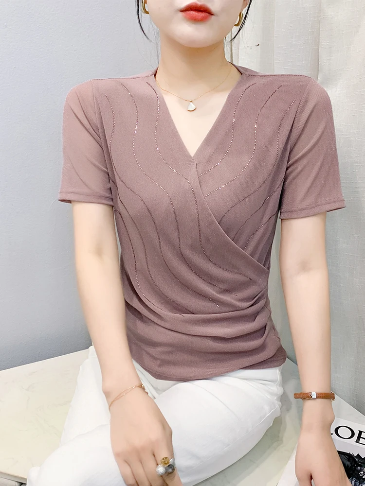 セクシーなVネックTシャツ レディース オルトスベ 夏ファッション 重装飾トップス スリムフィット 韓国風通勤服