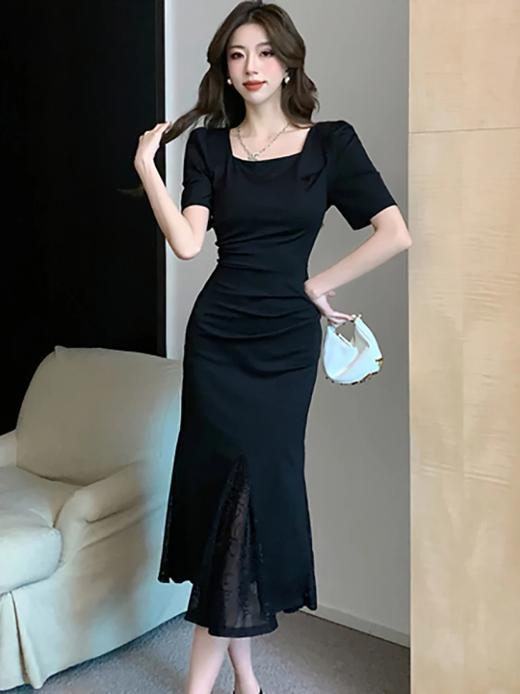 Summer Black Short Sleeve Elegant Slit Mesh Long Dress Women Korean Vintage Elegant Ruffled Dress 2024 Fashion Chic Hepburn Robe