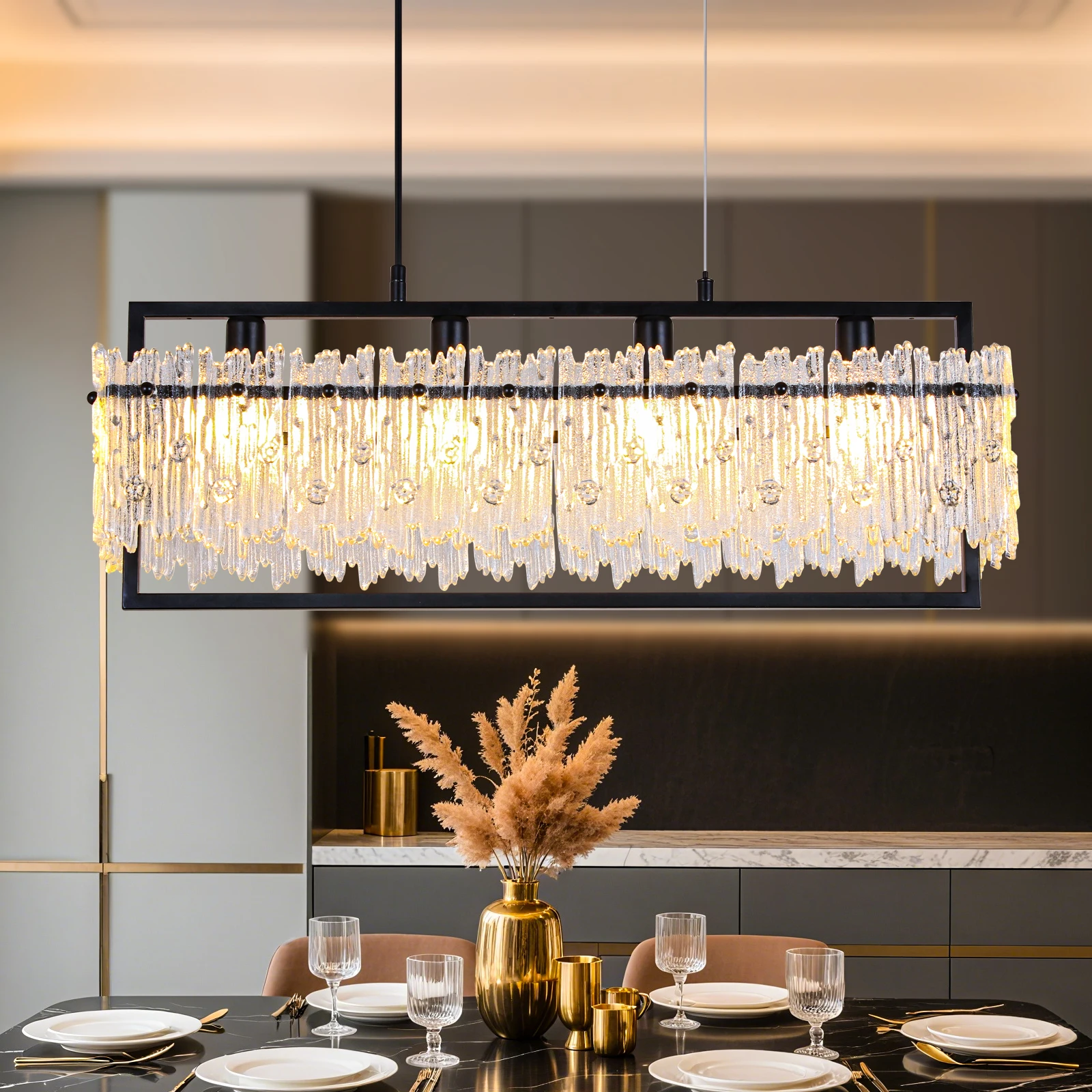 MantoLite غرفة الطعام تركيب المصابيح الحديثة مستطيل Golde كريستال 4-Light الثريات لغرفة الطعام 25 "الخطي مزرعة الخفيفة
