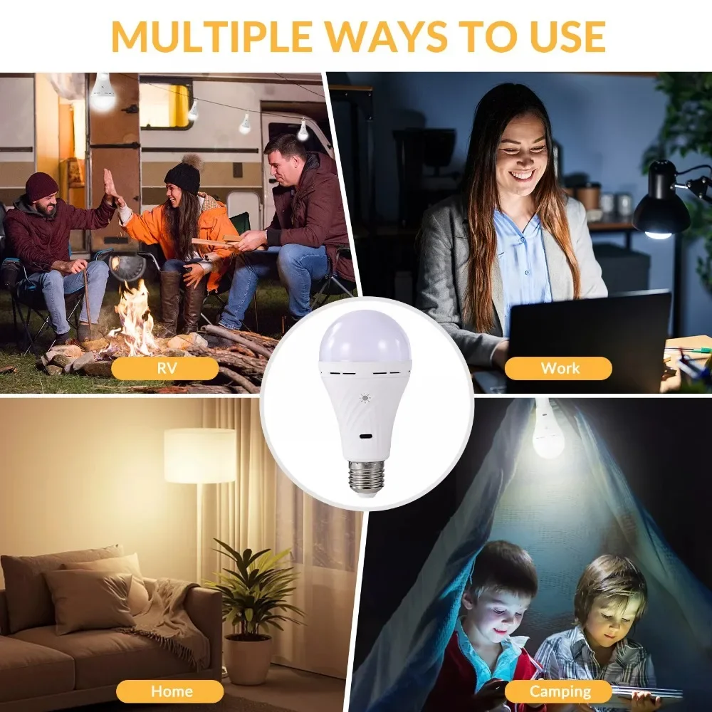 E27 Rechargeable Light Bulb 7W Double Charging Modes Bulb Dimmable Remote Control Lamp with Hook Emergency Bulbs