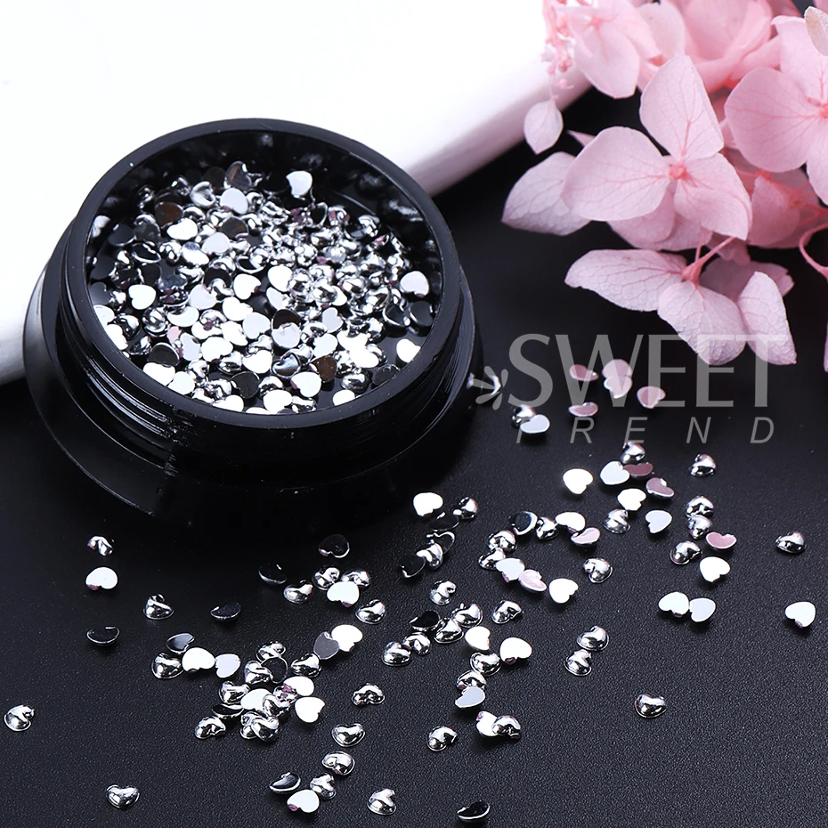 1 صندوق الفضة القلب مسمار الفن الديكور ثلاثية الأبعاد المعادن شقة القلب الحب سحر مجوهرات أظافر لوازم الأظافر الفاخرة DIY بها بنفسك مانيكير الملحقات