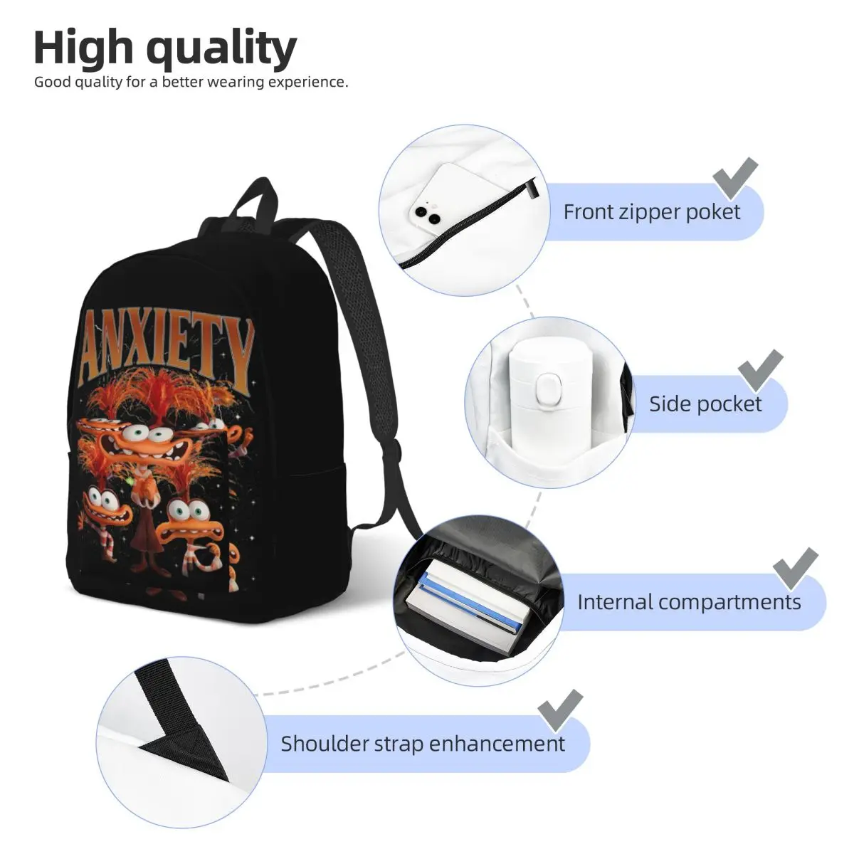 Retro Vintage Anxiety Bootleg Backpack Cartoon Inside Out 2 Cartoon Student's Schoolbag Bookbag Children Daypack Travel Bag