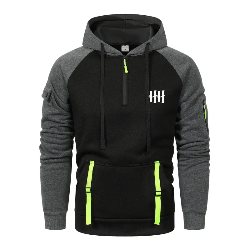 

Men's casual sports hoodie, spring and autumn fashion sweatshirt, arm pocket drawstring zipper loose long-sleeved pullover
