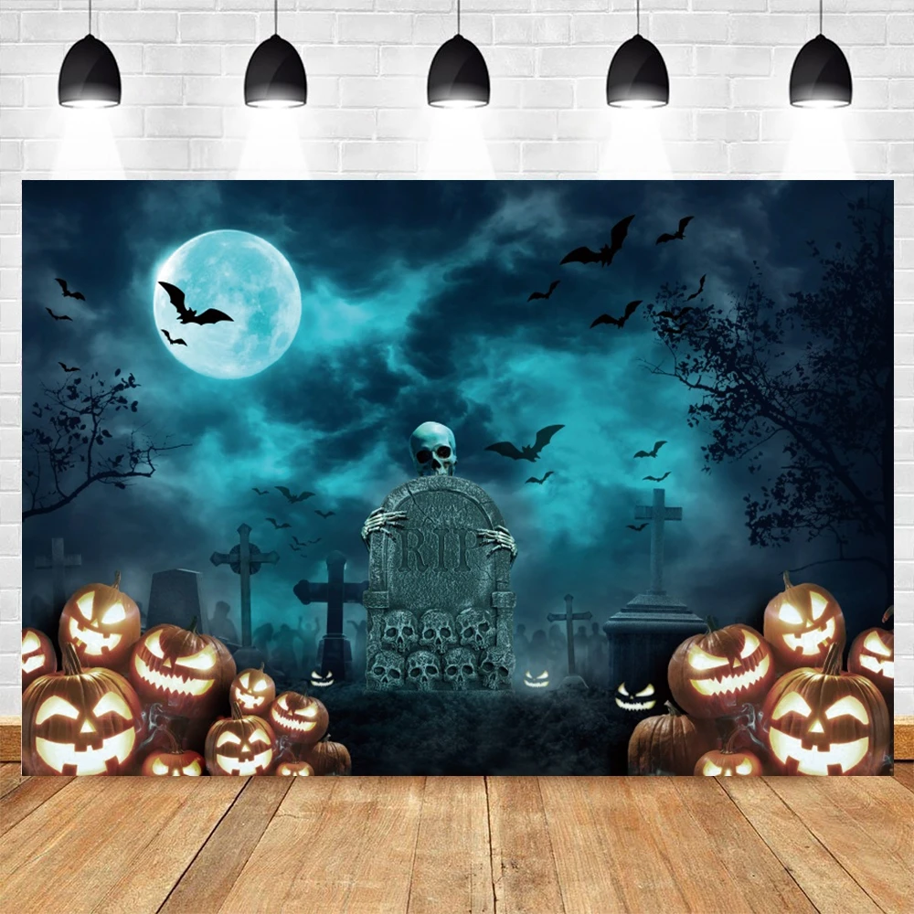 

Halloween Moon Night Party Photography Backdrop Grave Pumpkin Skull Bats Photocall Background Photo Studio Photographic Props