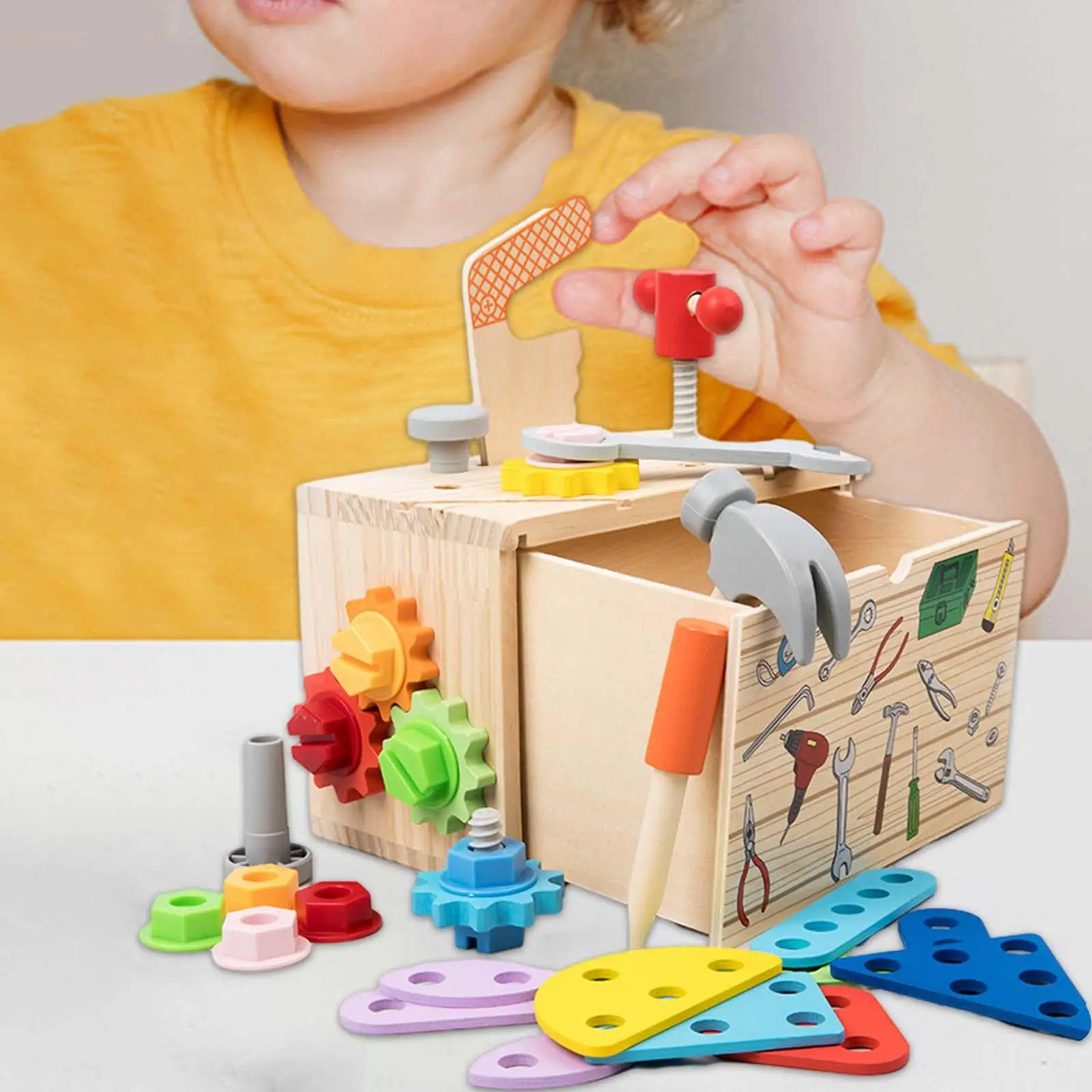 Wooden Toolbox Toy Pretend Play Construction Toy for Holiday Ages 3+ Present