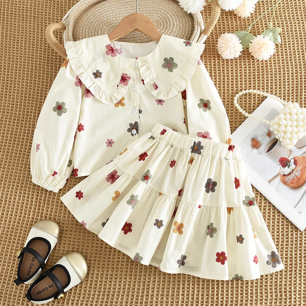 Autumn New 2-6 Year Old Girls' Casual Clothes  Lapel Floral Long Sleeved Pullover+pleated Skirt Two-piece Set Korean Version