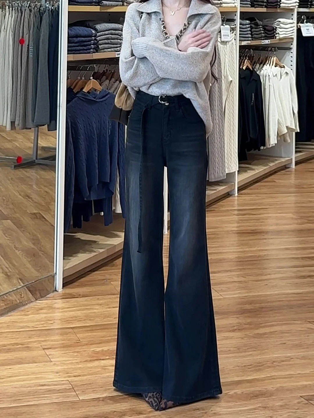 Black Flared Jeans High Waist Comfortable Breathable Pure Color Everyday Wear for Pear Shaped Women plus Size Autumn Winter N...