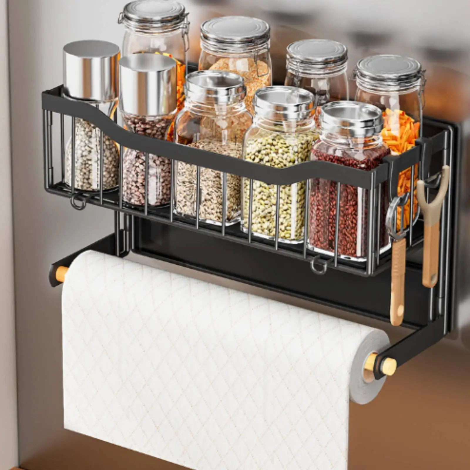 Space Saving Kitchen Storage Shelf Foldable Spice Rack with Wire Basket and Towel Holder for Fridge