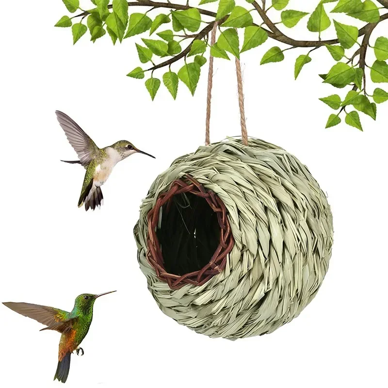 Hand-woven Hummingbird Bird Nest Houses Ball Shape Grass Weaving Hanging Hummingbird Nest House For Outdoor Garden Decor