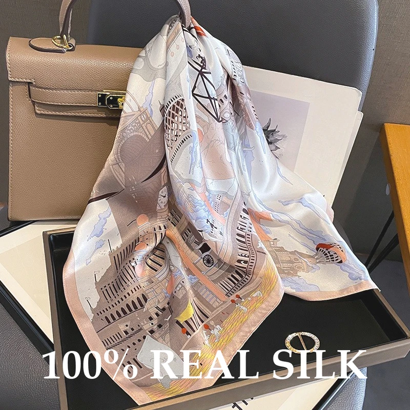 

100% Real Silk Square Scarves Women Scarf Vacation Wrap Summer Elegant High Quality Headband Hijab Breathable Shawl Foulard Head