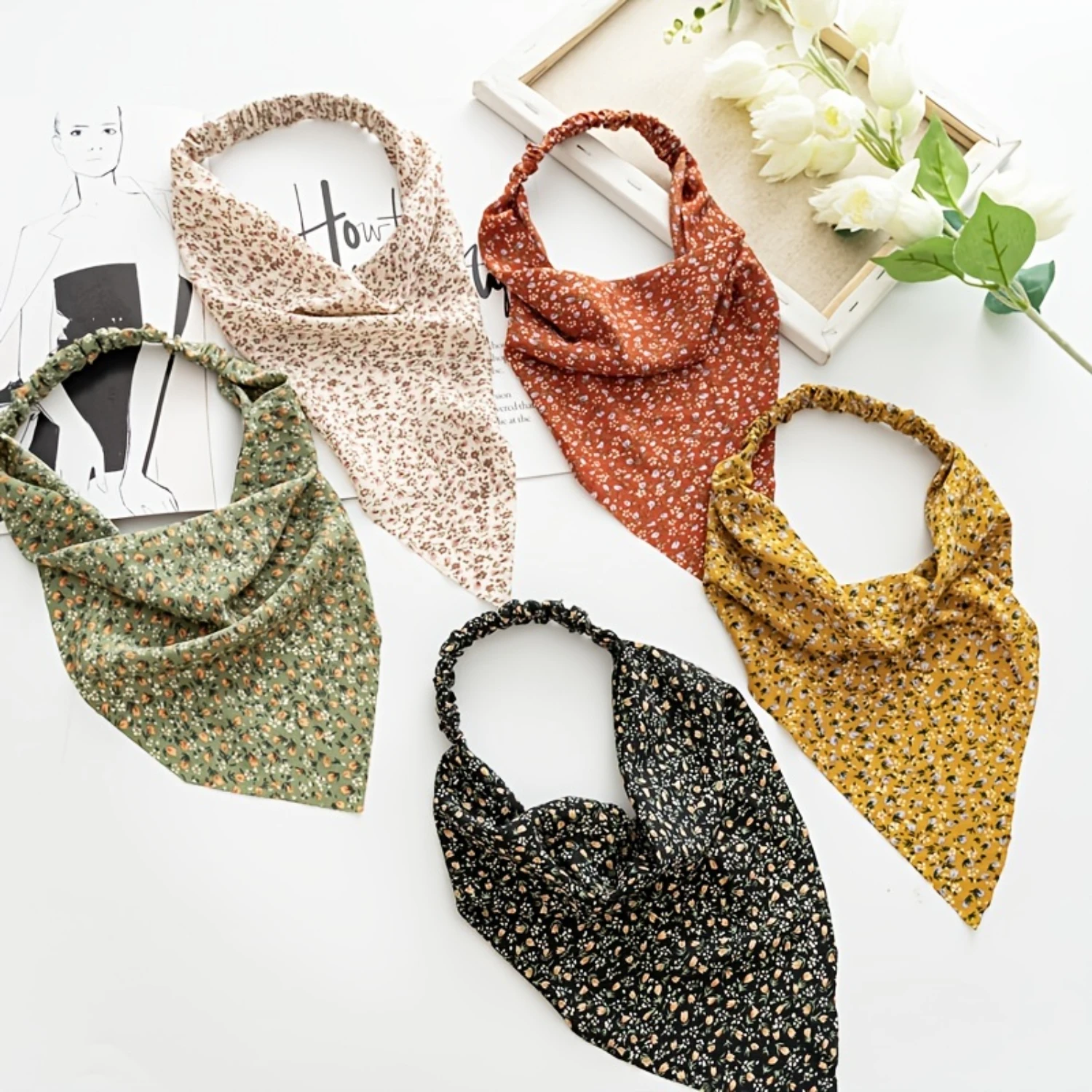 5pcs  Floral Headband - Chiffon Elastic Triangular Hair Scarf for Women and Girls - Stylish Hair Accessory for Any Occasion