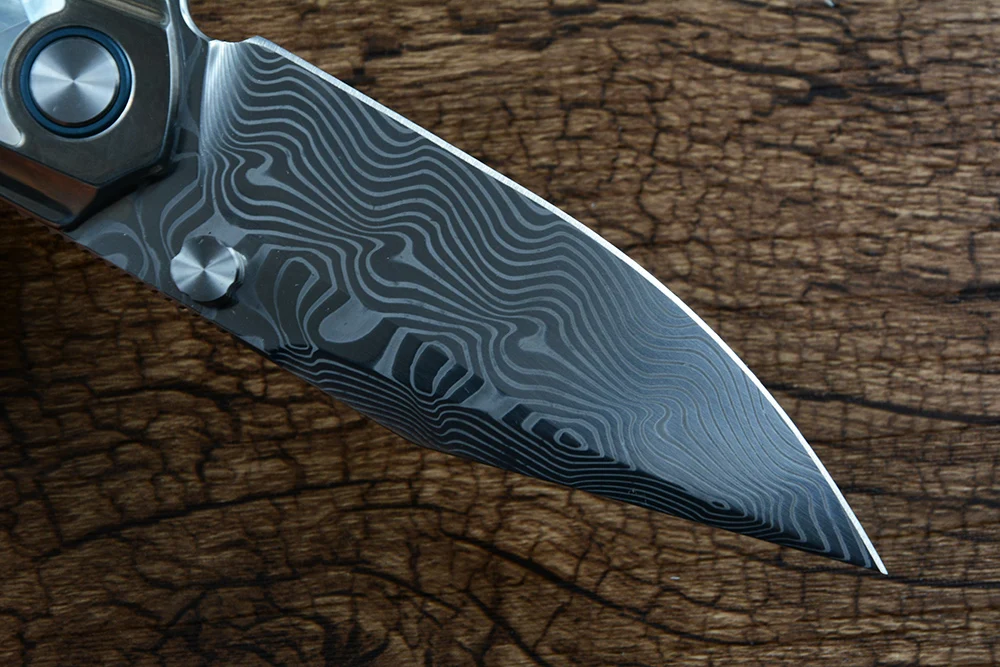 Y-START Damascus Blade Folding Knife TC4 Titanium inlay Clam Shell Handle for Outdoor Hunting Gift Collection YF04